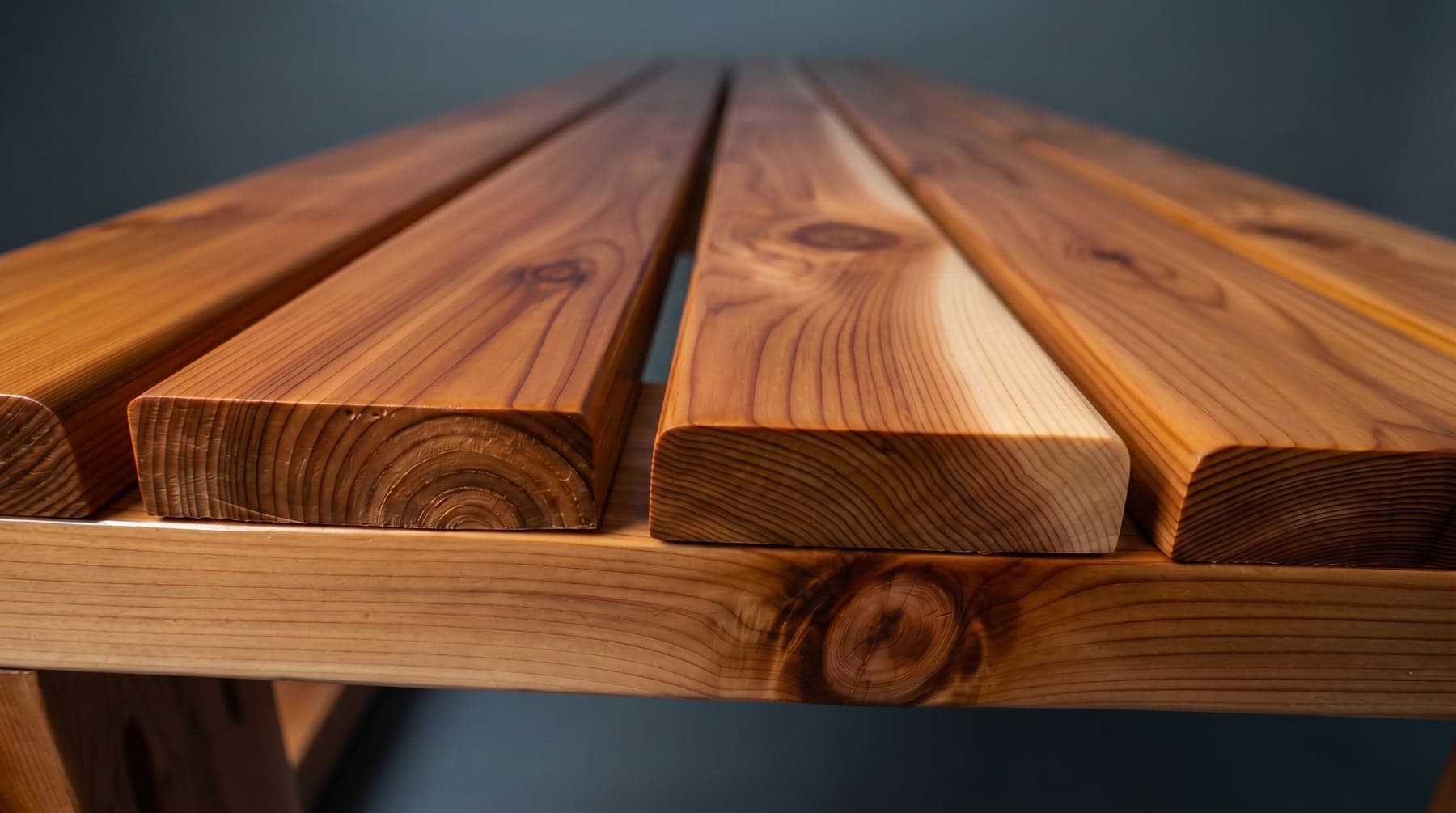 Close view of the cedar bench, showing the grain and softened, finished board edges