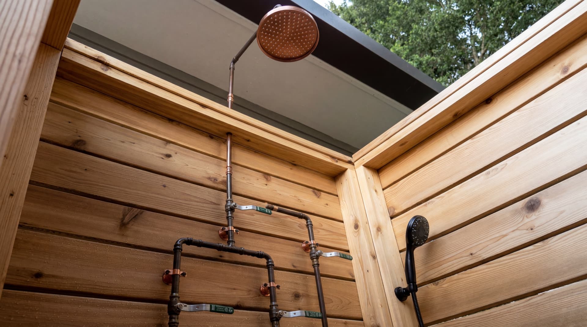 Cedar + copper outdoor shower, full view — clear Western Red Cedar posts and oversized copper rain head