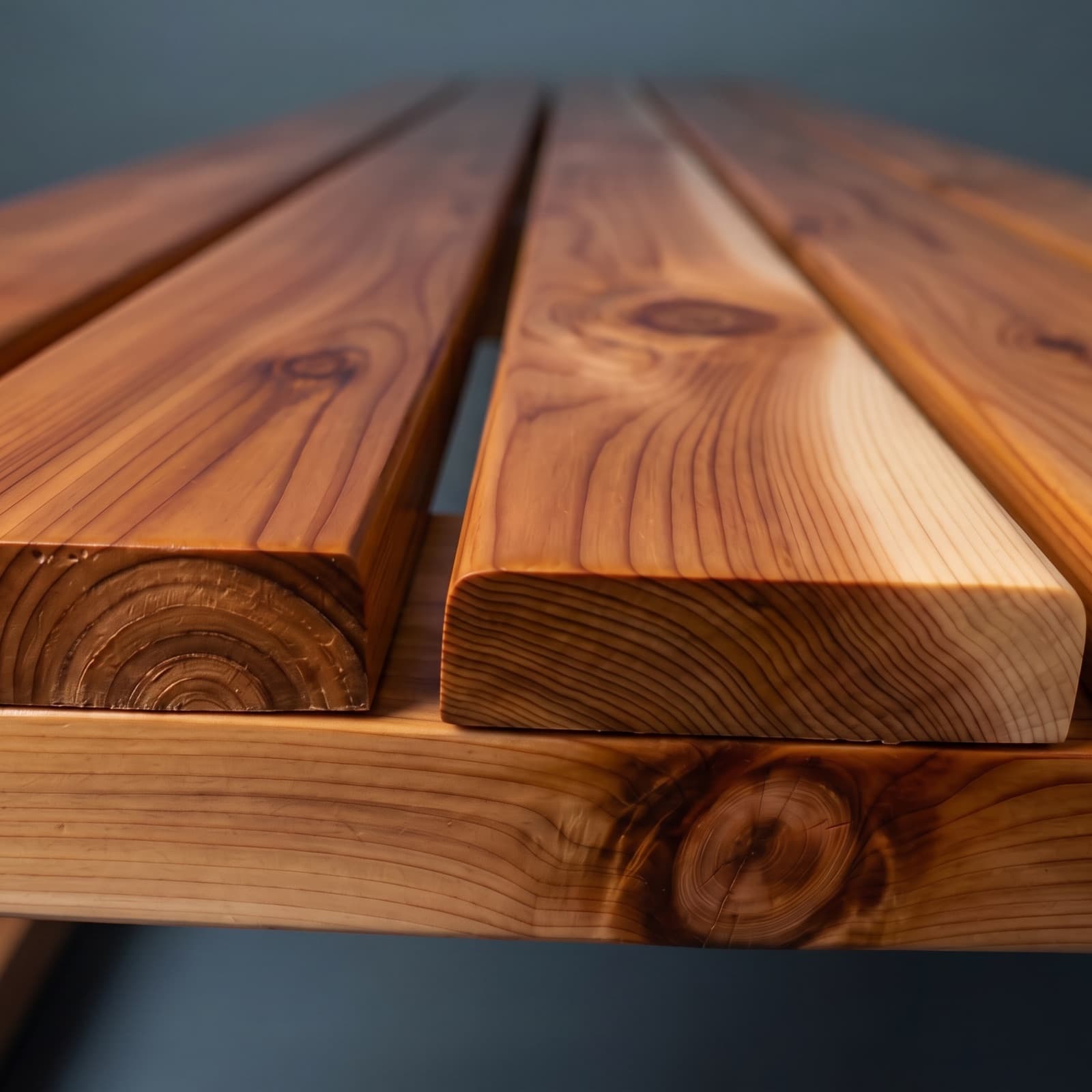 Clear Western Red Cedar bench slats — close detail of grain, knots, and end-grain growth rings