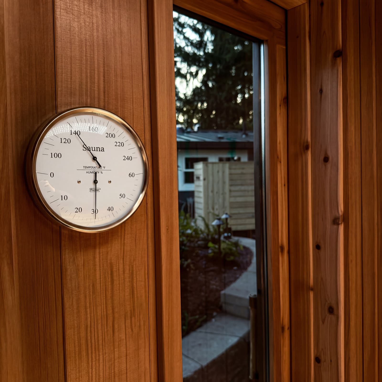 Fischer sauna thermometer-hygrometer on the cedar wall by the glass door, the backyard ritual setup visible through the glass